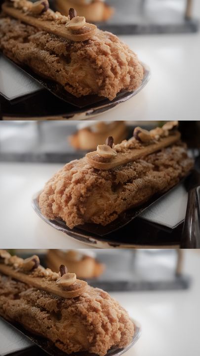 Éclair à la noisette photographié en série de trois vues